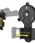 Phone Mount Adapter For Spotting Scopes And Binoculars, Quick Align And Easy Setup shown attached to binoculars and holding a smartphone.