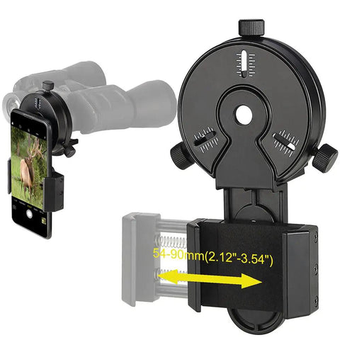 Phone Mount Adapter For Spotting Scopes And Binoculars, Quick Align And Easy Setup shown attached to binoculars and holding a smartphone.
