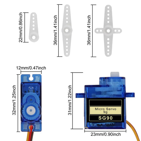 SG90 Micro Servo Motor Kit 3 Pack for Arduino and Raspberry Pi DIY Projects with dimensions and components shown