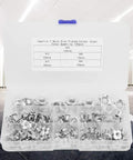 Open box of 120 Piece Tee Nut Set Carbon Steel Galvanized for Wood Projects and Furniture Hardware with M3 M4 M5 M6 M8 Sizes.