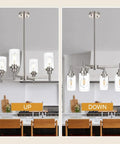 Four Light Modern Chandelier With Slick Brushed Nickel Finish Pendant Lighting With Clear Glass Shades For Dining Room Kitchen And Living Room Contemporary Ceiling Light Fixture With Adjustable 10 Inch Rod And Sloped Ceiling Compatibility shown in up and down positions over a dining table.