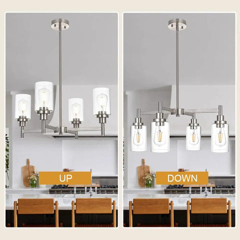 Four Light Modern Chandelier With Slick Brushed Nickel Finish Pendant Lighting With Clear Glass Shades For Dining Room Kitchen And Living Room Contemporary Ceiling Light Fixture With Adjustable 10 Inch Rod And Sloped Ceiling Compatibility shown in up and down positions over a dining table.