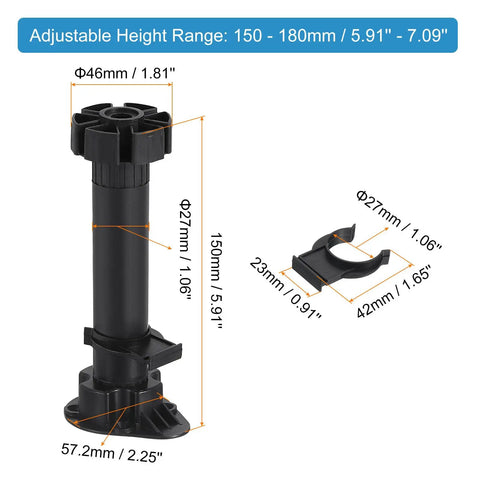 Adjustable Furniture Legs 46mm Base Thin Height 150-180mm, 4 Pack Leveling Feet For Bed Frame Sofa Coffee Table Cabinet Black Heavy Duty Easy Install Anti Slip Sturdy Support Low Profile Design, with 57.2mm base