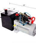 Top Tier Yaton 12V DC Double Acting Hydraulic Power Unit With 3 Quart Steel Reservoir And 3HP Pump, close-up view with dimensions.