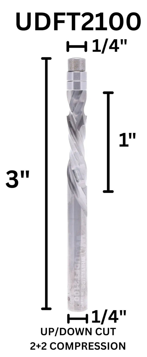 UDFT2100 Spiral Up Down Flush Trim Router Bit Pro Grade 2 Plus 2 Compression with 1/4 inch cutting diameter, 1/4 inch shank