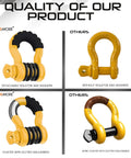 Comparison of beefed-up heavy duty three quarters inch D-ring shackles, yellow galvanized coatings, with and without isolators.