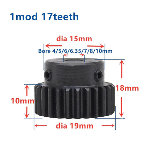 Beefy Bevel Gear Pinion Kit with 1mod 17 teeth pinion showing dimensions and bore sizes for DIY metal drive system.