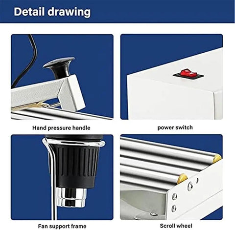 Detail view of Shrink Wrapping Sealer Machine With 1800W Heat Gun showing hand pressure handle, power switch, fan support frame, and scroll wheel.