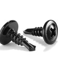 Top Tier Number 8 By Half Inch Sheet Metal Screws With Truss Heads 100 Pack Of 410 Stainless Steel Fast Self Tapping Bolts In Black Oxide Finish, two black truss head screws.