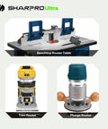 Heavy Duty Compression Spiral Router Bit With 1/4 Inch Shank And Dual Bottom Bearings To Slice Laminate And Plywood Patterns Like Butter For A Straight Shooter Finish on a benchtop router table, trim router, and plunge router setup.