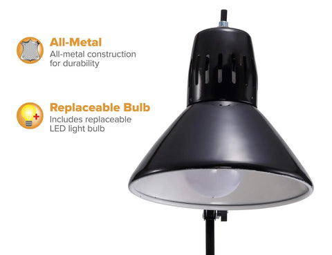 Close-up of black LED Swing Arm Desk Lamp With Clamp Mount And 36 Inch Reach, highlighting all-metal construction and replaceable bulb.