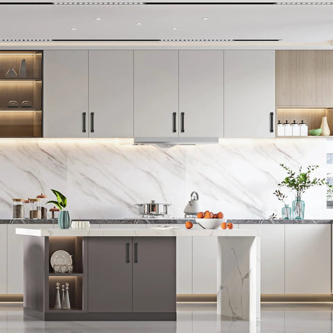Modern kitchen with Matte Black Kitchen Cabinet Pulls Set Of 10 5 Inch Metal Cabinet Handles for cupboards shown on white cabinets.