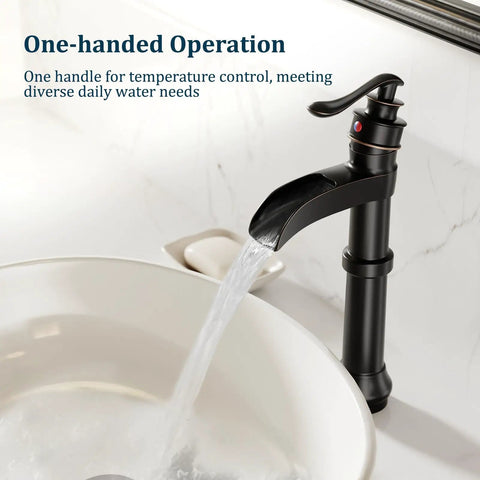 Oil Rubbed Bronze Vessel Sink Faucet With Waterfall Spout Tall Deck Mount Bathroom Tap Single Handle Single Hole Pop Up Drain Supply Hoses DIY Friendly Mixer Tap For A Modern Vanity Upgrade, showing water flow and handle operation.