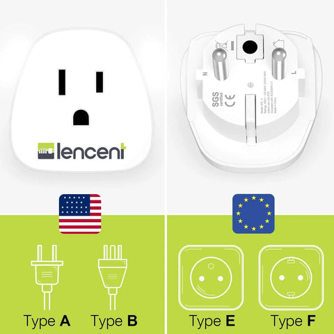 2 Pack Schuko Type E and F Travel Power Adapter For Europe From US Plug Charger, front and rear view with plug types shown.