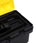 Close-up of 13 Inch Plastic Toolbox With Secure Locking Latch Ergonomic Handle Detachable Tray And Padlock Ready Design