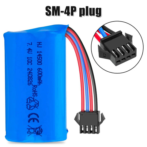 7.4V 600mAh Li Ion Two Pack Rechargeable Battery 2S With SM 4P Plug And USB Charger Cable For Gel Blaster RC Boat And Car Use Power Up Your Remote Control Gear, showing blue battery pack with SM-4P plug connector.
