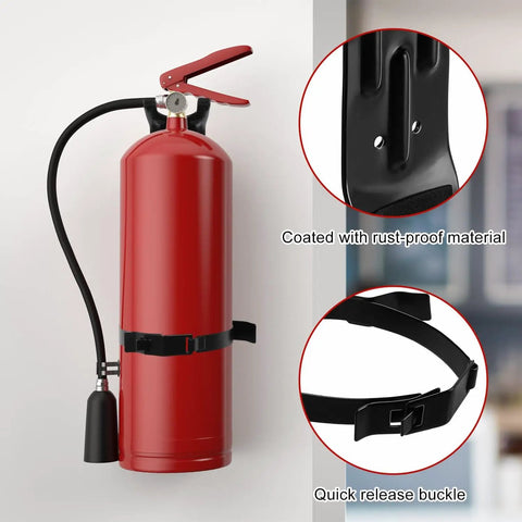 Red fire extinguisher mounted on wall using Four Pack Fire Extinguisher Mount Brackets Five Pound Metal Mounting Kit For Vehicles And Home.