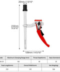 Built To Last Clamping Element 20mm Diameter For Multifunctional Tables, 160mm Clamping Range, 60mm Throat Depth, Chrome Plated Steel, Anti Pinch Soft Pads, Multi Angle Locking, Ratchet Arm For Fast Secure Hold; side view with dimensions