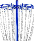 Royal Blue Double Chain Disc Golf Practice Basket Portable Metal Target With 24 Zinc Coated Chains in Two Layers close-up view