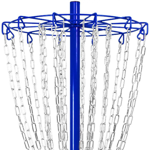 Royal Blue Double Chain Disc Golf Practice Basket Portable Metal Target With 24 Zinc Coated Chains in Two Layers close-up view