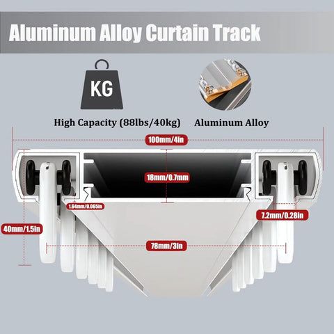 Ceiling Mounted Double Curtain Track System In Aluminum, White Finish, Silent Rails, 2.4m Length (7.9ft), Heavy-Duty Glide For Thick Curtain Panels Up To 88lbs; aluminum profile cross-section