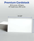 Front view of Avery printable white business cards, 2 x 3.5 in, blank cardstock stack with size lines.