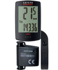 Padrone Wireless OF-100 Bike Computer With Oversized Display And Out Front Mount displayed with speed sensor, showing current and trip speed.