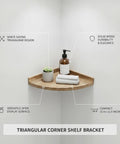 Rock Solid Wood Triangular Corner Shelf Bracket For Wall Mount Storage In Bathroom And Living Room with soap and towel