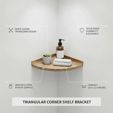 Rock Solid Wood Triangular Corner Shelf Bracket For Wall Mount Storage In Bathroom And Living Room with soap and towel