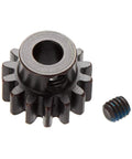 Dead Reliable Steel Pinion Gear 14 Tooth MOD1 With 5mm Bore for RC rigs, showcasing precision machined teeth and side screw.