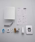 Chrome Shower Faucet Set With Rough In Valve And 8 Inch Square Shower Head, parts laid out, including CUPC certified valve.