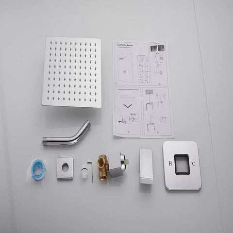 Chrome Shower Faucet Set With Rough In Valve And 8 Inch Square Shower Head, parts laid out, including CUPC certified valve.