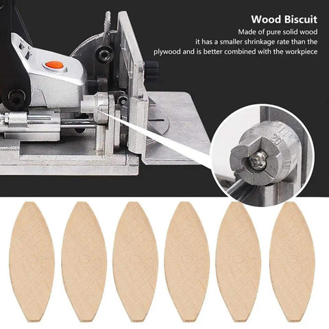 Pro Grade Solid Wood Biscuit Joinery Kit in Sizes 0, 10, and 20 for Precise Cabinet and Furniture Bonding, joiner and biscuits shown