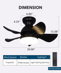 Dimensions of 30 Inch Flush Mount Ceiling Fan With No Fuss Remote And App Control, Dimmable LED Light at 2160 Lumens