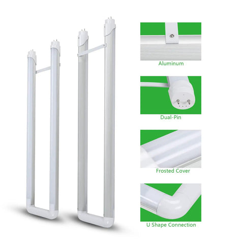 U Shaped LED Tube Light 2 Foot 15W 2100 Lumens 4000K Cool White T8 T12 Fluorescent Replacement, details shown with components