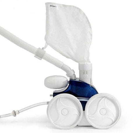 Polaris 360 Pool Cleaner with hose and bag, side view displaying wheels and connectors for Polaris 360 Pool Cleaner Hose Swivel And Nut Combo Kit Includes 2 Swivels And 4 Nuts 9-100-3002 9-100-3109 Replacement Parts For Polaris 360 Pool Cleaner.