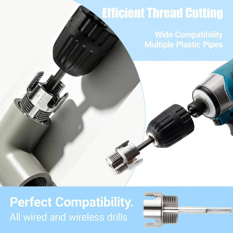 Heavy Duty 3 Piece Pvc Pipe Threading Tool Set featuring efficient thread cutting on various plastic pipes using a cordless drill.