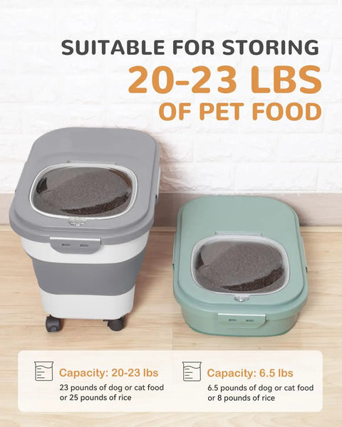 Dog Food Storage Container With Collapsible Body Attachable Casters And Scoop Plus Travel Silicone Bowl Keeps Dry Food Fresh With Airtight Double Seals Easy To Move Holds About 23 Lbs Of Dry Food showing two containers with capacities and features on display.
