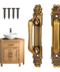 Antique European Style Two Pack Cabinet Door Pulls Set With Vintage Bronze Zinc Alloy Handles alongside screws and a wooden cabinet