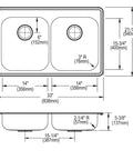 Technical drawing of Sturdy Stainless Steel Kitchen Sink With Equal Size Double Bowls For Drop In Installation 33 Inch By 21
