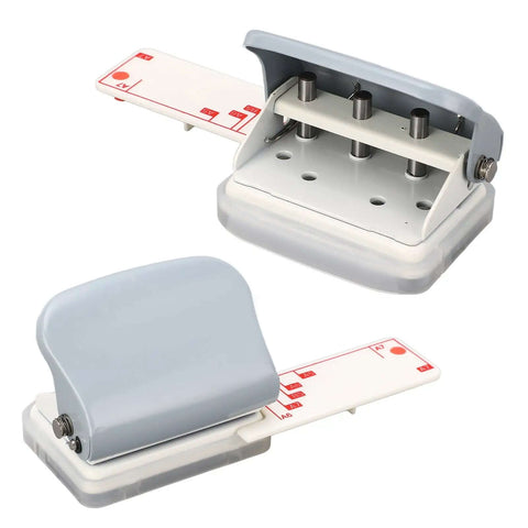Portable Handheld 3 Hole Paper Puncher With 5 Sheet Capacity, Built Tough With All Metal Construction, gray paper puncher, top view