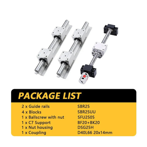 Pro Grade CNC Ballscrew Kit With SFU1204 SFU1605 SFU2005 SFU2505 And 2 SBR Linear Guides SBR12 SBR16 SBR20 SBR25 Plus 4 Sliders For 3D Router CNC Milling, SBR25 set