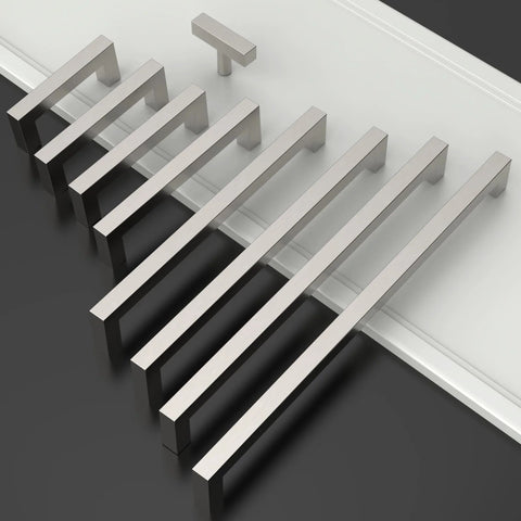 10 Pack Brushed Satin Nickel Cabinet Pulls 5 Inch Center To Center Square Drawer Handles set arranged on white background