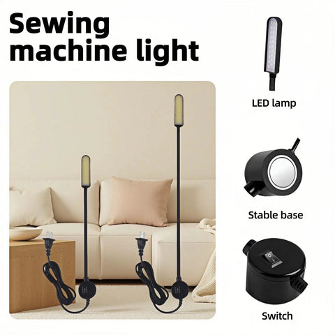 Two 30 LED Sewing Machine Lights With Strong Magnetic Base And Fully Flexible Silicone Neck on a craft table with features highlighted.