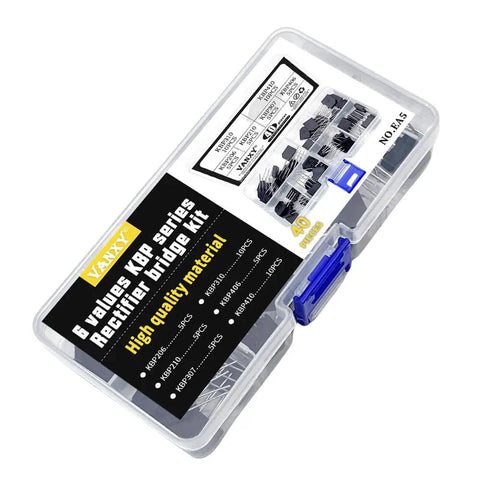 Six Types Rectifier Bridge Kit With Forty Pieces Includes KBP206 KBP210 KBP307 KBP310 KBP406 KBP410 4 Pin Rectifier Bridges For AC DC Power Supplies Motor Drives And DIY Electronics In A Neatly Labeled Case, plastic case