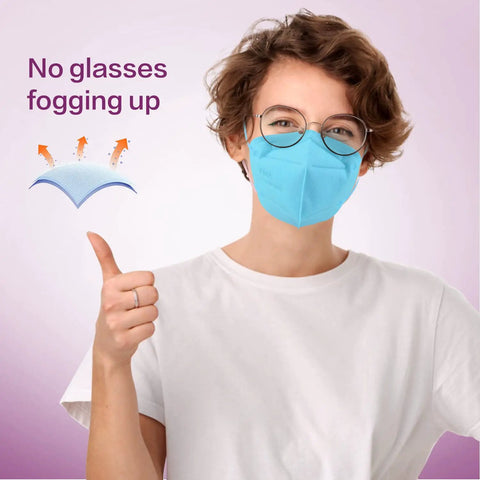 Person wearing blue face mask showing the effectiveness of Disposable KN95 Face Mask Multicolor 5 Ply Breathable Respirator.