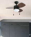 Ocean Breeze 30 Inch Ceiling Fan With Light Pull Chain LED Indoor Fan Three Speeds 3 Blades Bronze Finish installed in kitchen