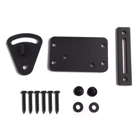 No Sweat Black Carbon Steel Sliding Barn Door Latch Lock With Slick Powder Coated Finish parts including black screws and mounting plates.