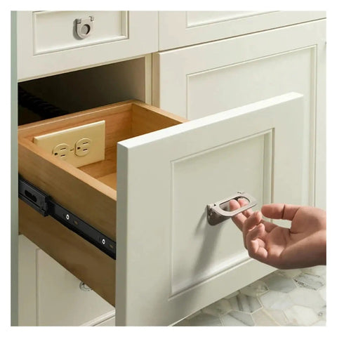 Close-up of Bottom Mounted Metal Buffer Drawer Slides Two Pack Concealed Cabinet Tracks in kitchen cabinet with plug.