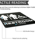 ADA Braille Unisex Restroom Sign 9 By 6 Inches With Self Adhesive Tape For Office And Business Bathrooms Wall Or Door Decor High Contrast White Lettering On Black Background No Fuss Easy Install shown with tactile reading features and large icons.